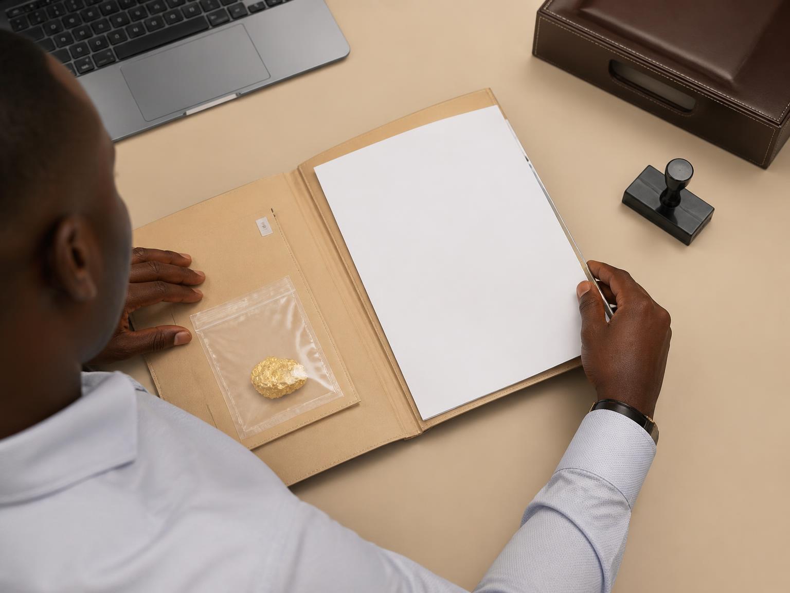 Professional documentation desk scene with gold sample and folders